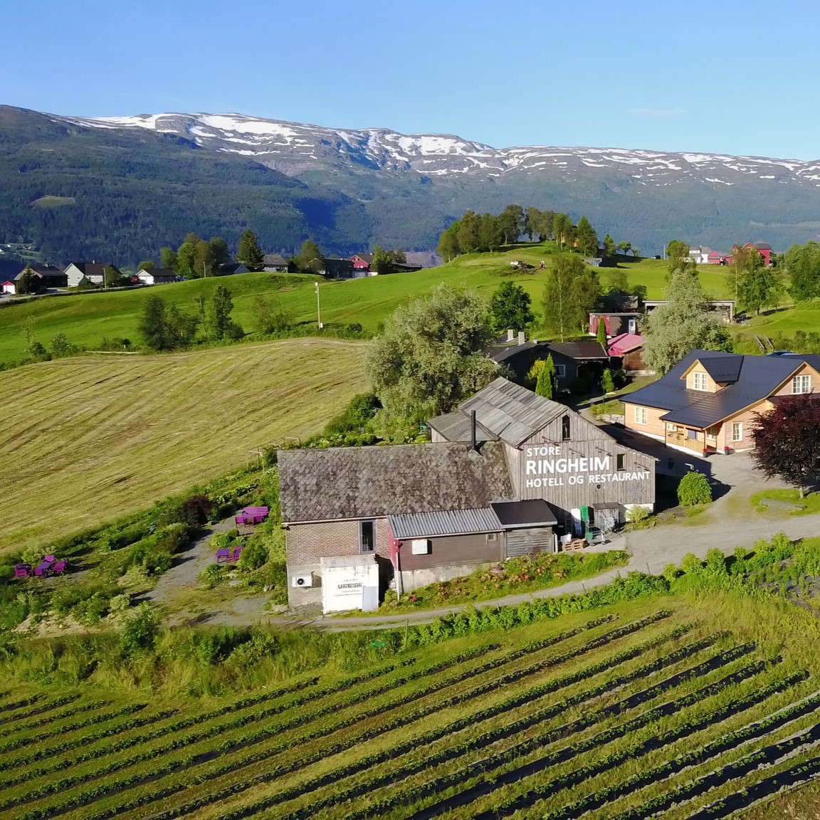 Dronefoto av Store Ringheim - idyllisk plassert i kulturlandskapet
